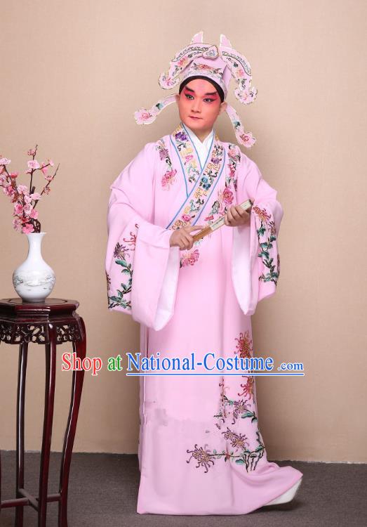 Top Grade Professional Beijing Opera Niche Costume Gifted Scholar Pink Embroidered Chrysanthemum Robe, Traditional Ancient Chinese Peking Opera Embroidery Clothing