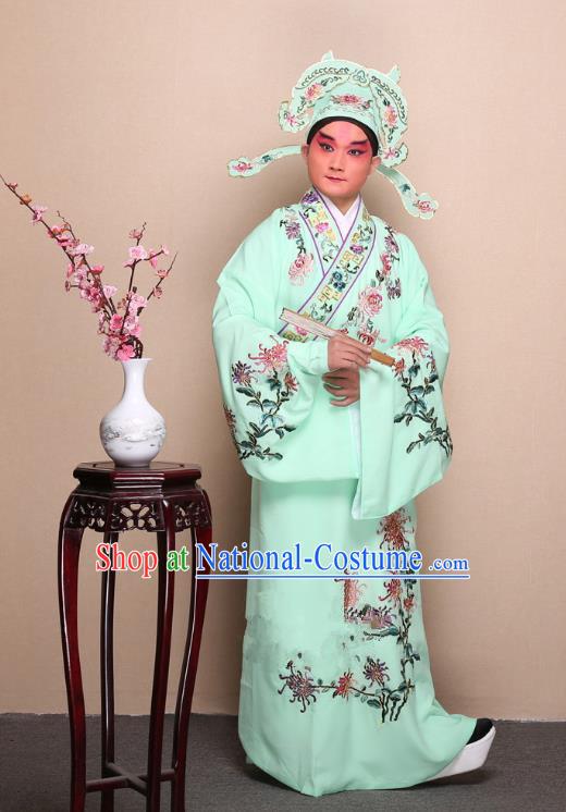 Top Grade Professional Beijing Opera Niche Costume Gifted Scholar Green Embroidered Chrysanthemum Robe, Traditional Ancient Chinese Peking Opera Embroidery Clothing