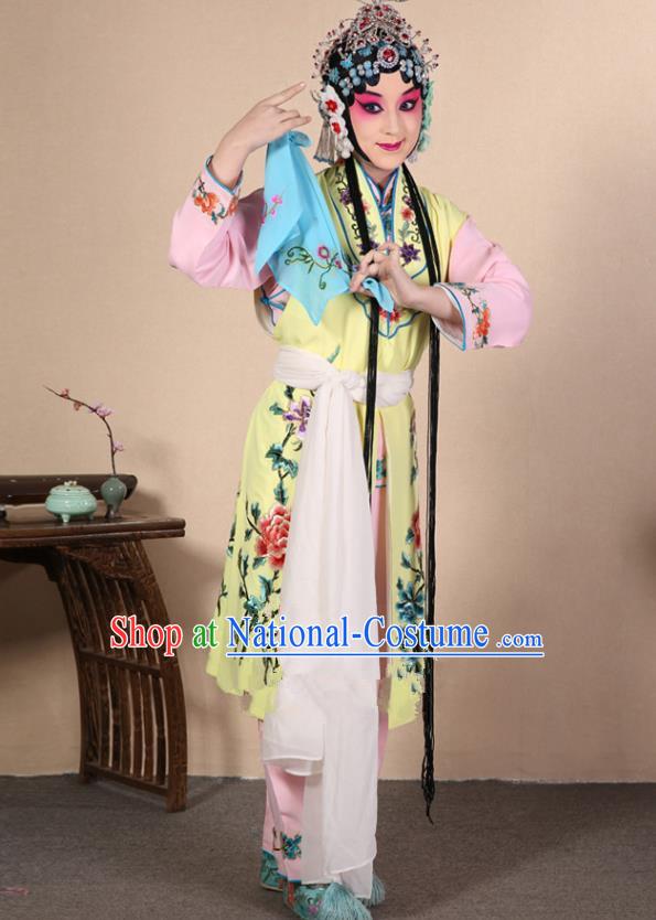 Top Grade Professional Beijing Opera Diva Costume Young Lady Yellow Embroidered Waistcoat, Traditional Ancient Chinese Peking Opera Princess Embroidery Dress Clothing