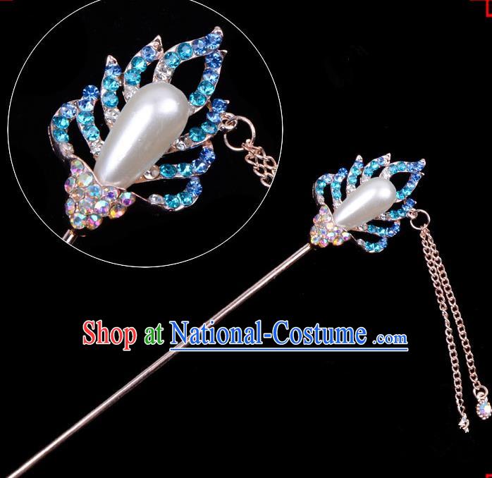 Traditional China Beijing Opera Hua Tan Hair Accessories Blue Crystal Pearls Hairpin, Ancient Chinese Peking Opera Women Hairpins Diva Temple Kanzashi Headwear