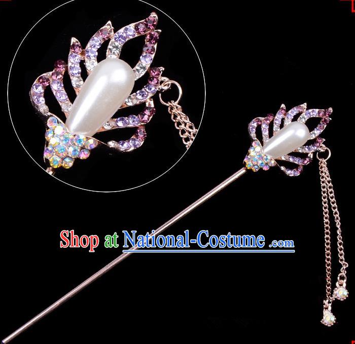 Traditional China Beijing Opera Hua Tan Hair Accessories Purple Crystal Pearls Hairpin, Ancient Chinese Peking Opera Tassel Step Shake Women Hairpins Diva Temple Kanzashi Headwear