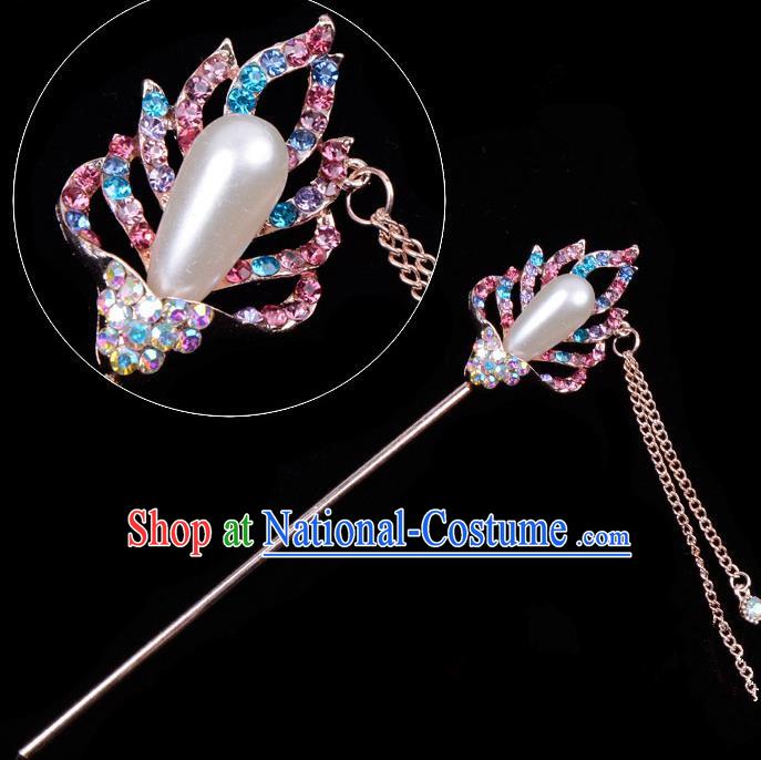 Traditional China Beijing Opera Hua Tan Hair Accessories Colorful Crystal Pearls Hairpin, Ancient Chinese Peking Opera Tassel Step Shake Women Hairpins Diva Temple Kanzashi Headwear