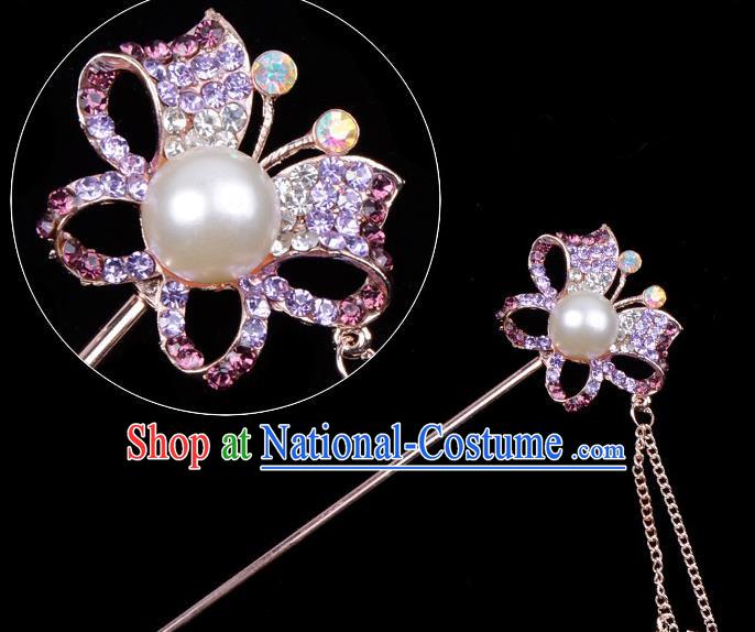 Traditional China Beijing Opera Hua Tan Hair Accessories Purple Crystal Butterfly Hairpin, Ancient Chinese Peking Opera Tassel Step Shake Women Hairpins Diva Temple Kanzashi Headwear