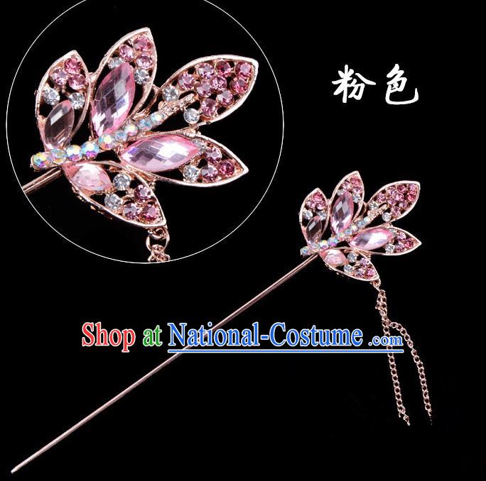 Traditional China Beijing Opera Hua Tan Hair Accessories Pink Crystal Leaf Hairpin, Ancient Chinese Peking Opera Tassel Step Shake Women Hairpins Diva Temple Kanzashi Headwear