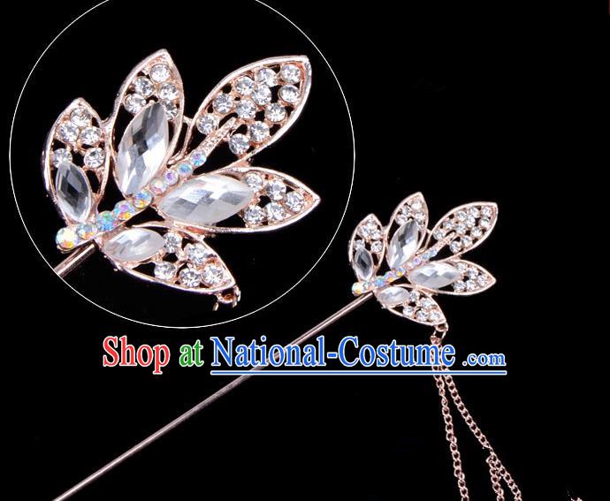 Traditional China Beijing Opera Hua Tan Hair Accessories Crystal Leaf Hairpin, Ancient Chinese Peking Opera Tassel Step Shake Women Hairpins Diva Temple Kanzashi Headwear