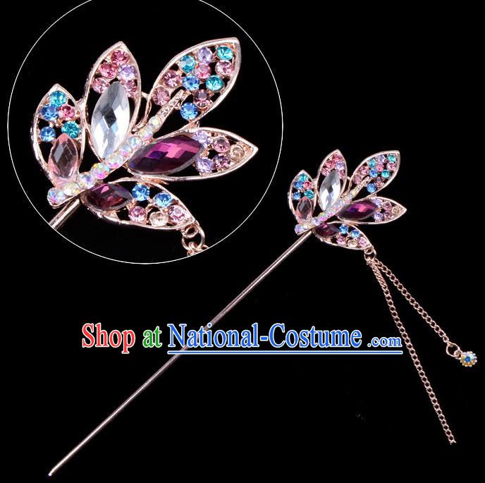 Traditional China Beijing Opera Hua Tan Hair Accessories Colorful Crystal Leaf Hairpin, Ancient Chinese Peking Opera Tassel Step Shake Women Hairpins Diva Temple Kanzashi Headwear