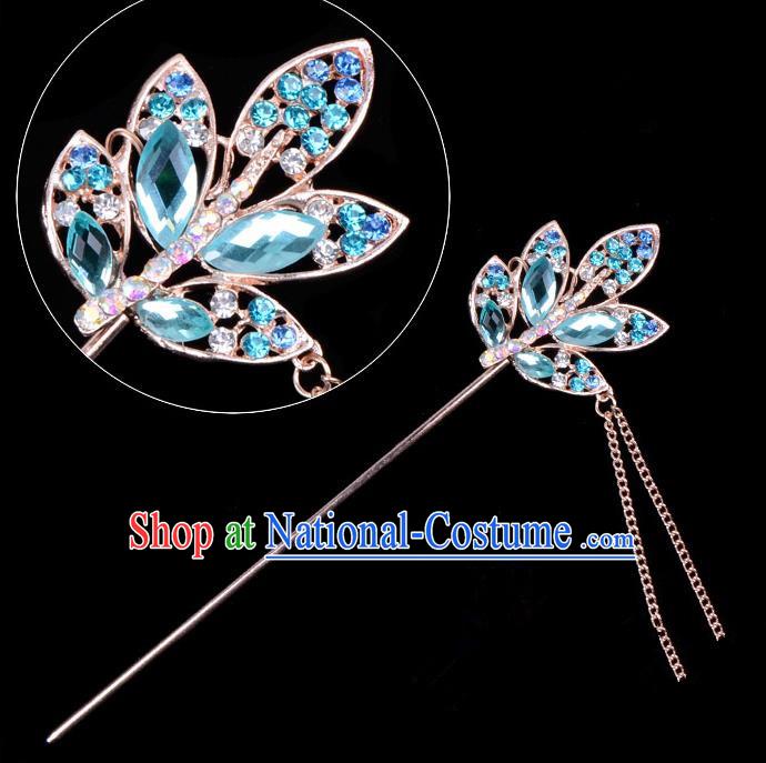 Traditional China Beijing Opera Hua Tan Hair Accessories Blue Crystal Leaf Hairpin, Ancient Chinese Peking Opera Tassel Step Shake Women Hairpins Diva Temple Kanzashi Headwear