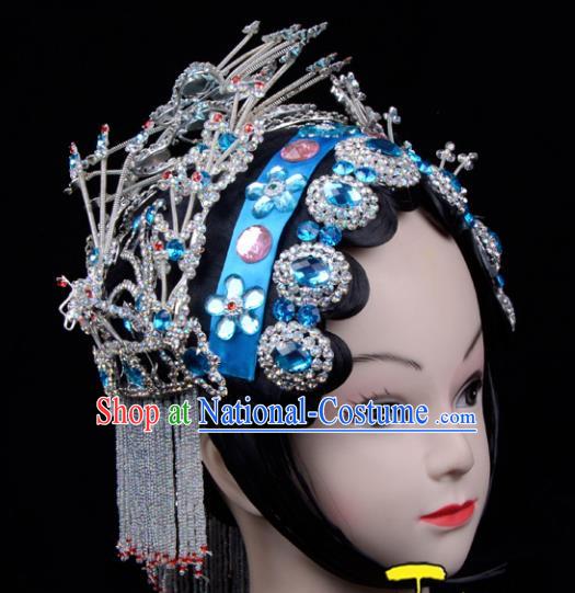 Traditional China Beijing Opera Palace Princess Hair Accessories Blue Crystal Head-ornaments Complete Set, Ancient Chinese Peking Opera Tassel Step Shake Women Hairpins Diva Kanzashi Headwear