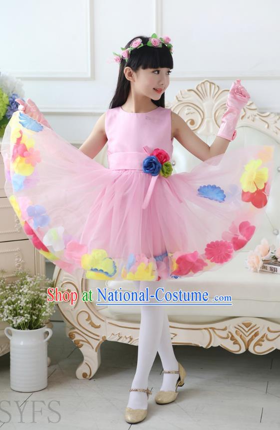 Top Grade Chinese Compere Professional Performance Catwalks Costume, Children Flowers Bubble Dress Modern Dance Pink Dress for Girls Kids