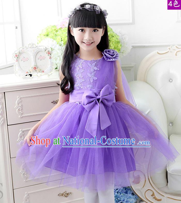 Top Grade Chinese Compere Professional Performance Catwalks Costume, Children Purple Veil Bubble Dress Modern Dance Dress for Girls Kids