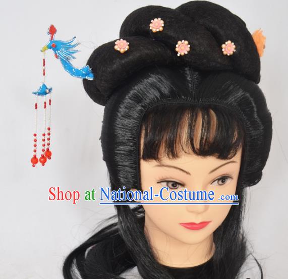 Traditional Handmade Chinese Classical Peking Opera Young Lady Wigs and Blue Phoenix Tassel Hairpin Hair Accessories, China Beijing Opera Princess Hairpieces Headgear