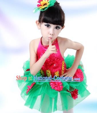 Top Grade Chinese Professional Performance Catwalks Costume, Children Modern Dance Green Veil Bubble Dress for Girls Kids