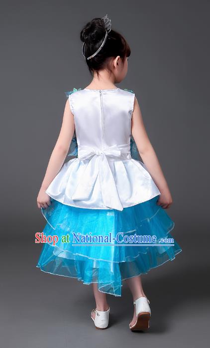 Top Grade Chinese Professional Performance Catwalks Costume, Children Modern Dance Blue Veil Bubble Princess Embroidery Dress for Girls