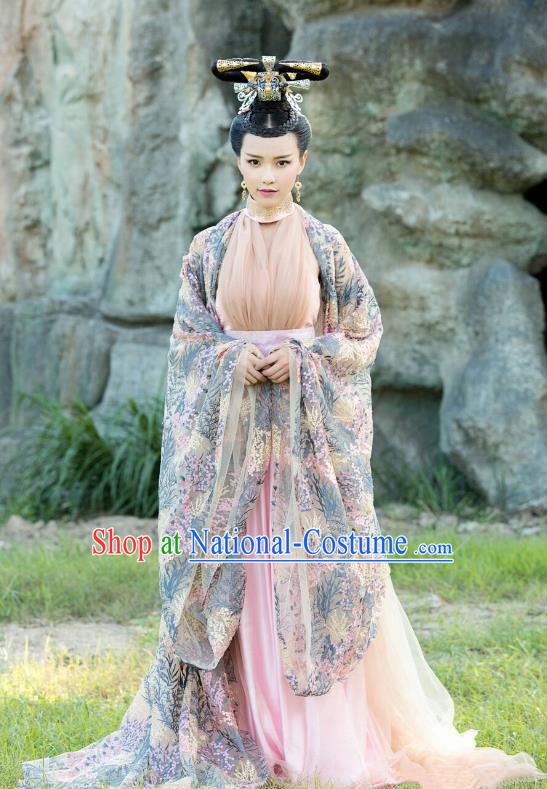 Traditional Chinese Tang Dynasty Imperial Concubine Costume and Headpiece Complete Set, China Ancient Hanfu Dress Dowager Embroidery Clothing