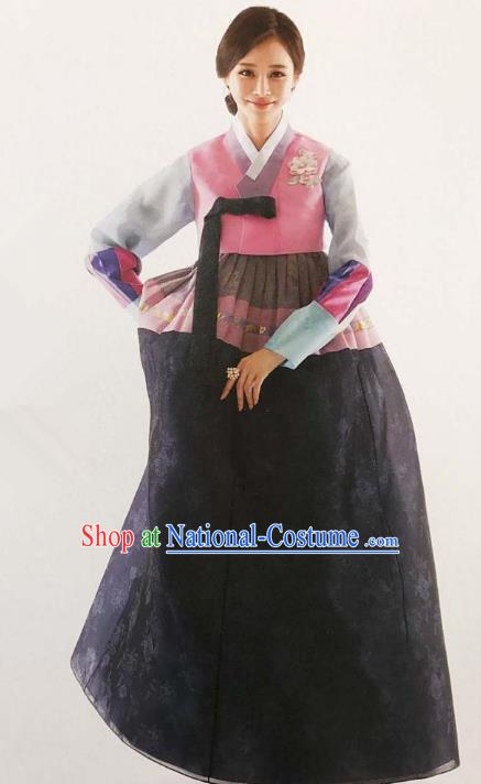 Traditional Korean Handmade Embroidery Bride Hanbok Black Dress, Top Grade Korea Hanbok Wedding Costume for Women