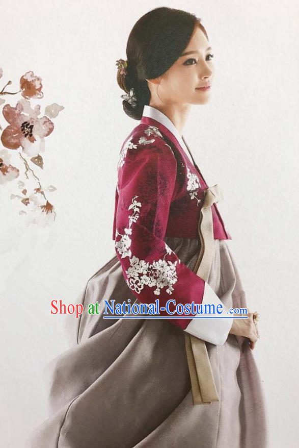 Traditional Korean Handmade Embroidery Bride Hanbok Red Full Dress, Top Grade Korea Hanbok Wedding Costume for Women