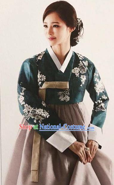 Traditional Korean Handmade Embroidery Bride Hanbok Green Full Dress, Top Grade Korea Hanbok Wedding Costume for Women