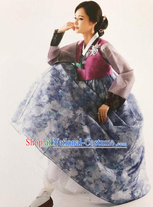 Traditional Korean Handmade Embroidery Bride Hanbok Printing Blue Full Dress, Top Grade Korea Hanbok Wedding Costume Complete Set for Women