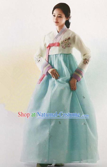 Traditional Korean Handmade Embroidery Bride Hanbok Blue Full Dress, Top Grade Korea Hanbok Wedding Costume Complete Set for Women