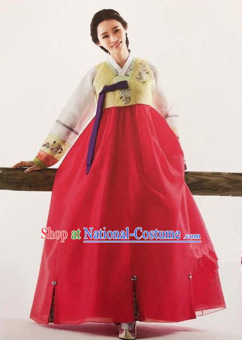 Traditional Korean Handmade Embroidery Bride Hanbok Red Full Dress, Top Grade Korea Hanbok Wedding Costume Complete Set for Women