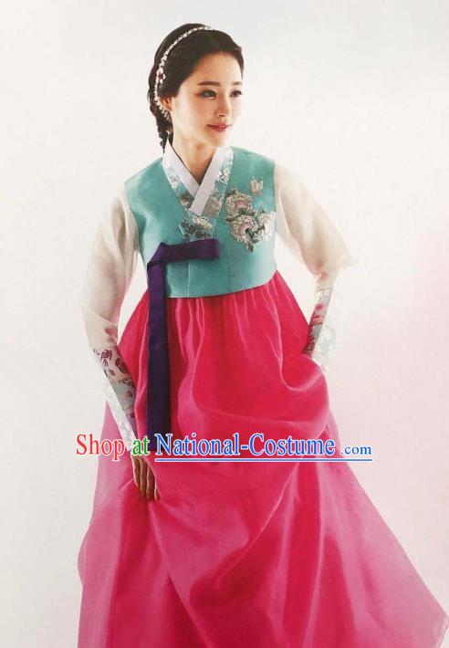 Traditional Korean Handmade Embroidery Bride Hanbok Rosy Full Dress, Top Grade Korea Hanbok Wedding Costume Complete Set for Women