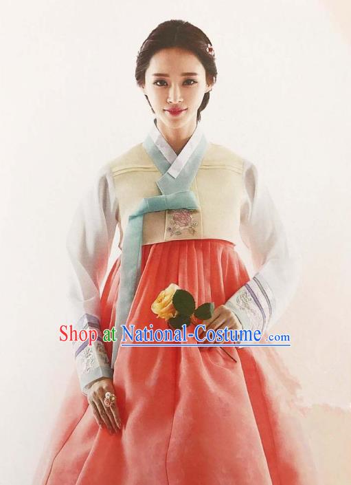 Traditional Korean Handmade Embroidery Bride Hanbok Pink Full Dress, Top Grade Korea Hanbok Wedding Costume Complete Set for Women