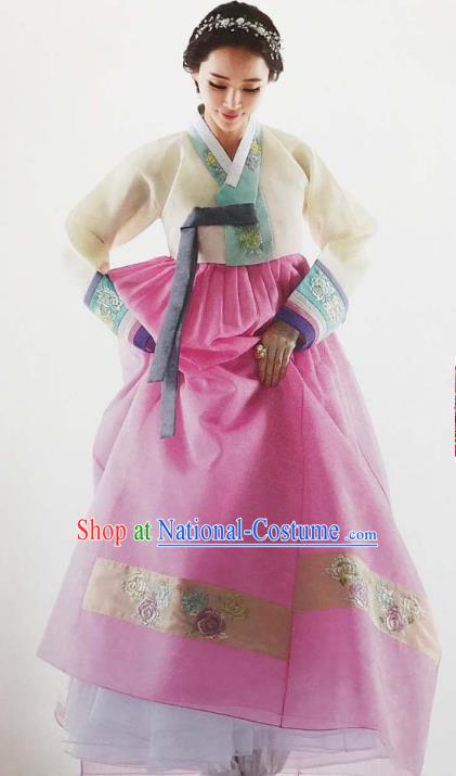 Traditional South Korean Handmade Embroidery Bride Hanbok Pink Full Dress, Top Grade Korea Hanbok Wedding Costume Complete Set for Women