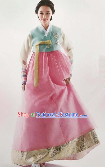 Traditional South Korean Handmade Embroidery Bride Hanbok Blue Blouse Full Dress, Top Grade Korea Hanbok Wedding Costume Complete Set for Women