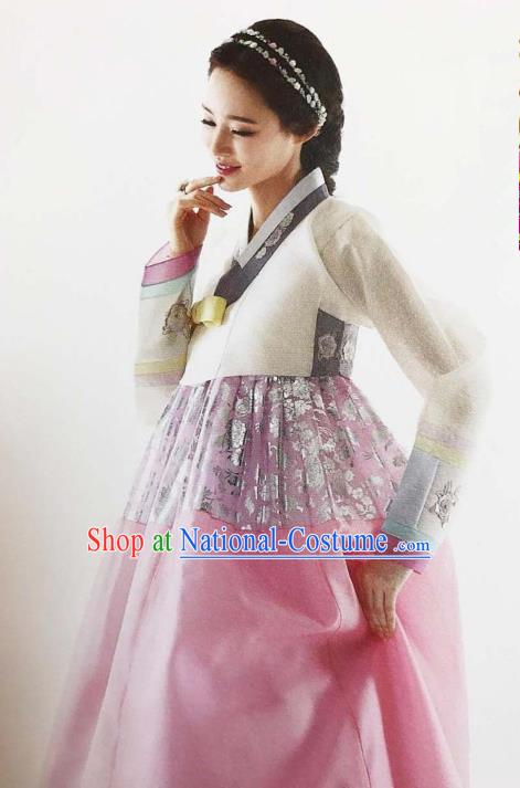 Traditional South Korean Handmade Embroidery Bride Hanbok White Blouse Full Dress, Top Grade Korea Hanbok Wedding Costume Complete Set for Women