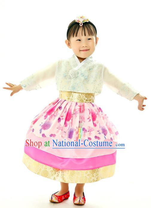 Traditional South Korean Handmade Embroidery Hanbok Children Birthday Princess Pink Full Dress, Top Grade Korea Hanbok Costume Complete Set for Kids