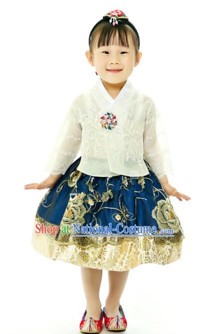 Traditional South Korean Handmade Printing Hanbok Children Birthday Princess Blue Full Dress, Top Grade Korea Hanbok Costume Complete Set for Kids