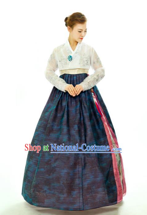 Traditional South Korean Handmade Hanbok Embroidery Navy Full Dress, Top Grade Korea Hanbok Costume Complete Set for Women