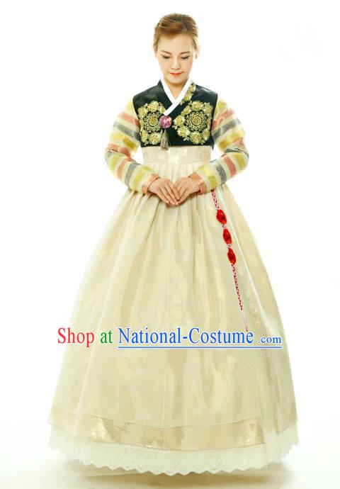 Traditional South Korean Handmade Hanbok Embroidery Yellow Wedding Full Dress, Top Grade Korea Hanbok Bride Costume Complete Set for Women