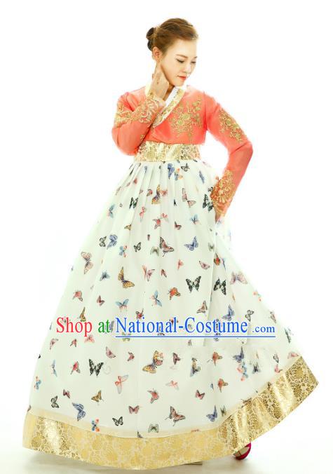 Traditional South Korean Handmade Hanbok Embroidery Printing Butterfly Wedding Full Dress, Top Grade Korea Hanbok Bride Costume Complete Set for Women