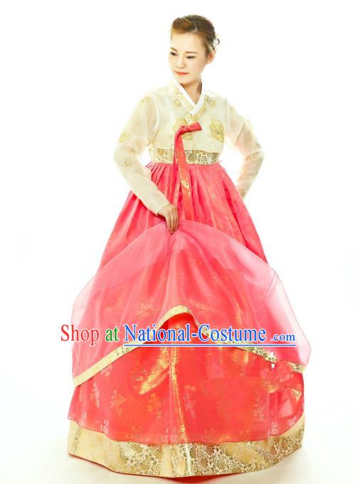 Traditional South Korean Handmade Hanbok Embroidery Watermelon Red Wedding Full Dress, Top Grade Korea Hanbok Bride Costume Complete Set for Women