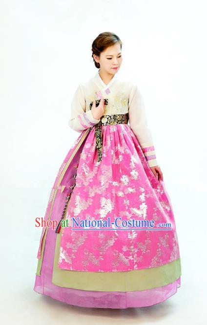 Traditional South Korean Handmade Hanbok Embroidery Bride Wedding Pink Satin Dress, Top Grade Korea Hanbok Costume Complete Set for Women