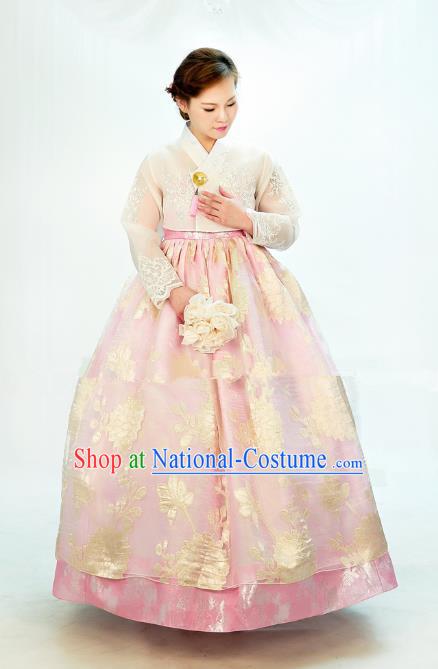 Traditional South Korean Handmade Hanbok Embroidery Bride Wedding Palace Satin Dress, Top Grade Korea Hanbok Costume Complete Set for Women