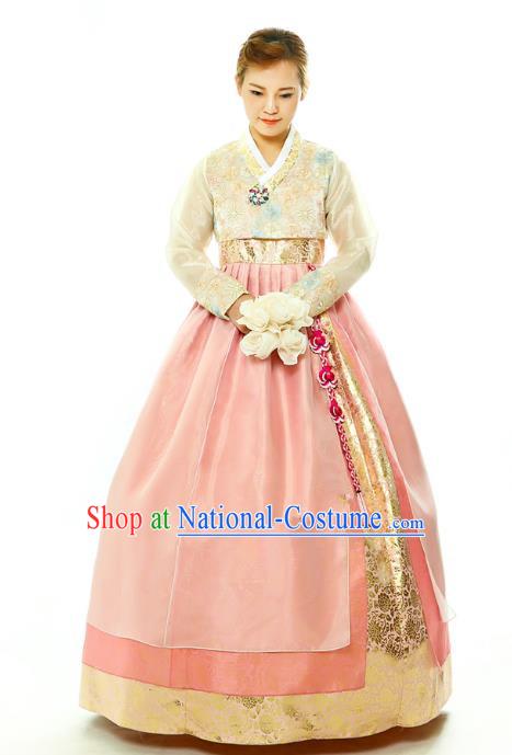 Traditional South Korean Handmade Hanbok Embroidery Bride Wedding Pink Dress, Top Grade Korea Hanbok Palace Lady Costume Complete Set for Women