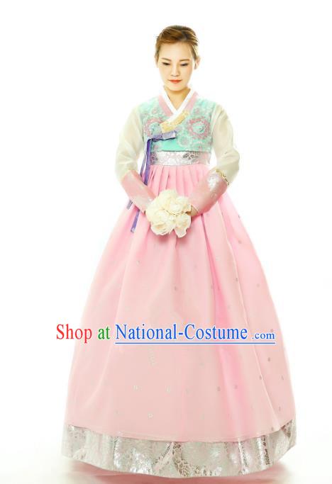 Traditional South Korean Handmade Hanbok Embroidery Pink Wedding Full Dress, Top Grade Korea Hanbok Bride Costume Complete Set for Women