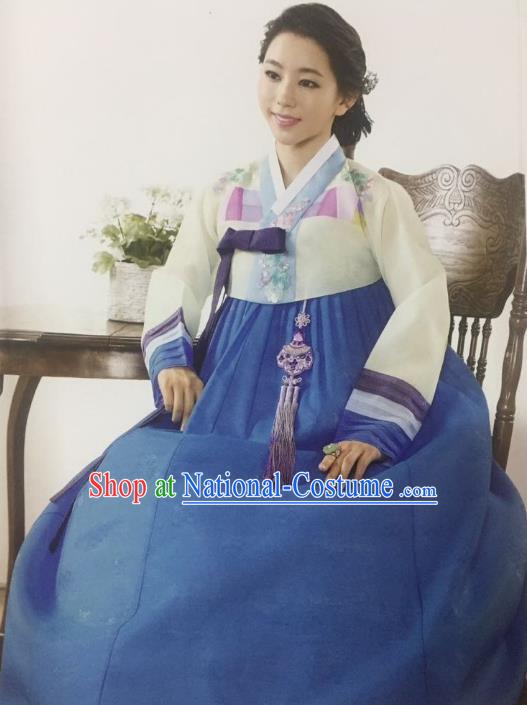 Traditional South Korean Handmade Bride Hanbok Customization Clothing Embroidery Blue Dress, Top Grade Korea Wedding Royal Hanbok Costume for Women