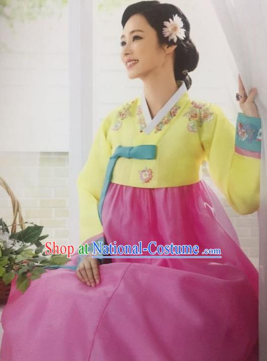 Traditional South Korean Handmade Hanbok Customization Mother Clothing Embroidery Blouse Pink Dress, Top Grade Korea Wedding Royal Hanbok Costume for Women