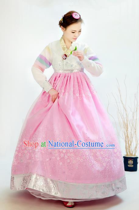 Traditional South Korean Handmade Hanbok Customization Bride Clothing Embroidery Blouse Pink Dress, Top Grade Korea Wedding Royal Hanbok Costume for Women