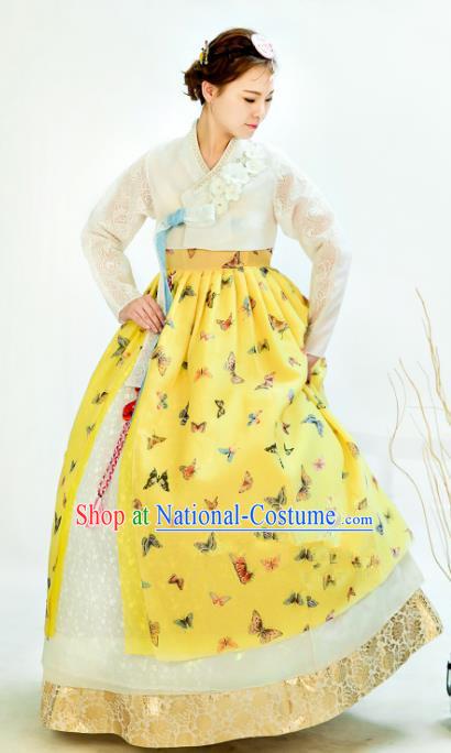 Traditional South Korean Handmade Hanbok Customization Bride Clothing Embroidery Blouse Yellow Dress, Top Grade Korea Wedding Royal Hanbok Costume for Women