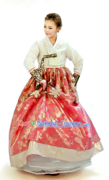 Traditional South Korean Handmade Hanbok Customization Bride Clothing Embroidery Blouse Red Dress, Top Grade Korea Wedding Royal Hanbok Costume for Women