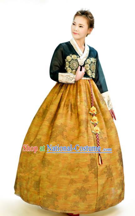 Traditional South Korean Handmade Hanbok Customization Mother Clothing Embroidery Blouse Ginger Dress, Top Grade Korea Wedding Royal Hanbok Costume for Women