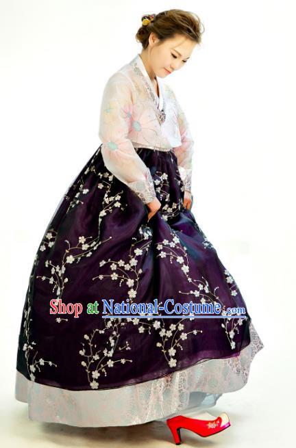 Traditional South Korean Handmade Hanbok Customization Mother Clothing Embroidery Blouse Purple Dress, Top Grade Korea Wedding Royal Hanbok Costume for Women