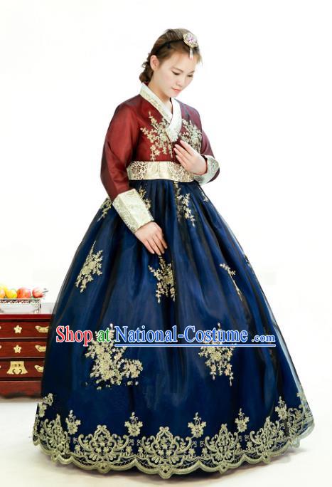 Traditional South Korean Handmade Hanbok Customization Mother Clothing Embroidery Blouse Peacock Blue Dress, Top Grade Korea Wedding Royal Hanbok Costume for Women