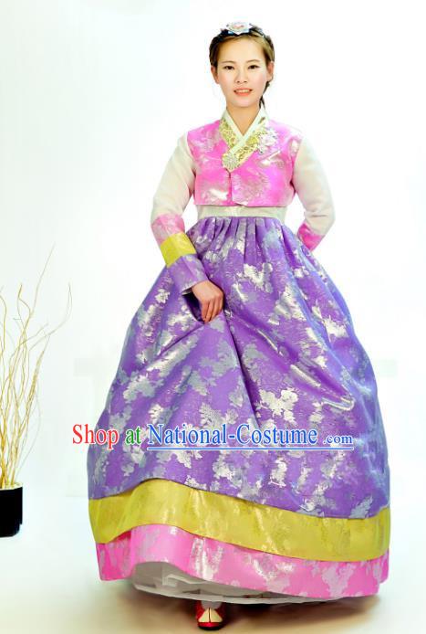 Traditional South Korean Handmade Hanbok Customization Mother Clothing Embroidery Blouse Purple Dress, Top Grade Korea Wedding Royal Hanbok Costume for Women