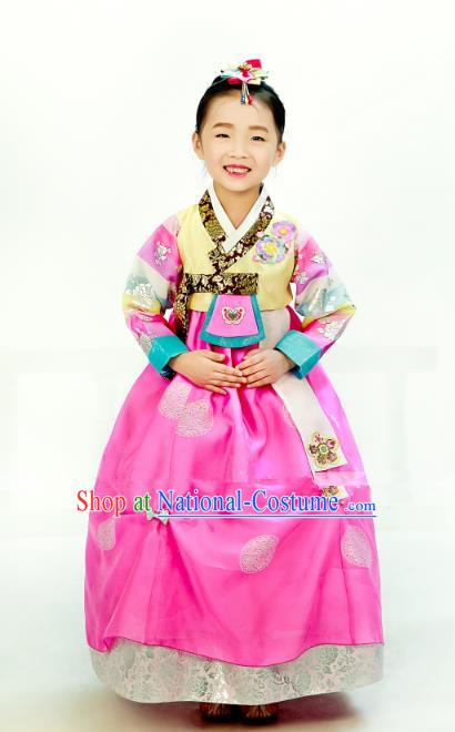 Traditional South Korean Handmade Hanbok Children Embroidery Birthday Pink Dress, Top Grade Korea Hanbok Costume Complete Set for Kids