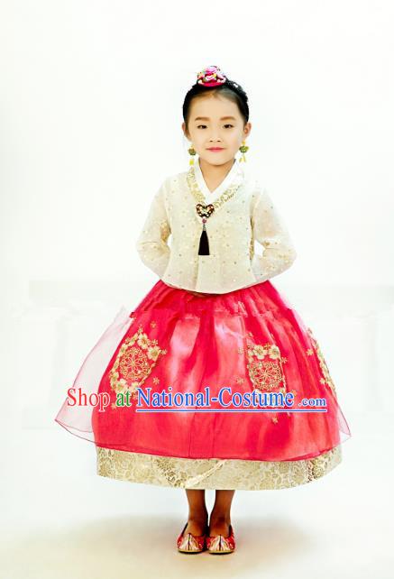 Traditional South Korean Handmade Hanbok Children Embroidery Birthday Red Dress, Top Grade Korea Hanbok Costume Complete Set for Kids